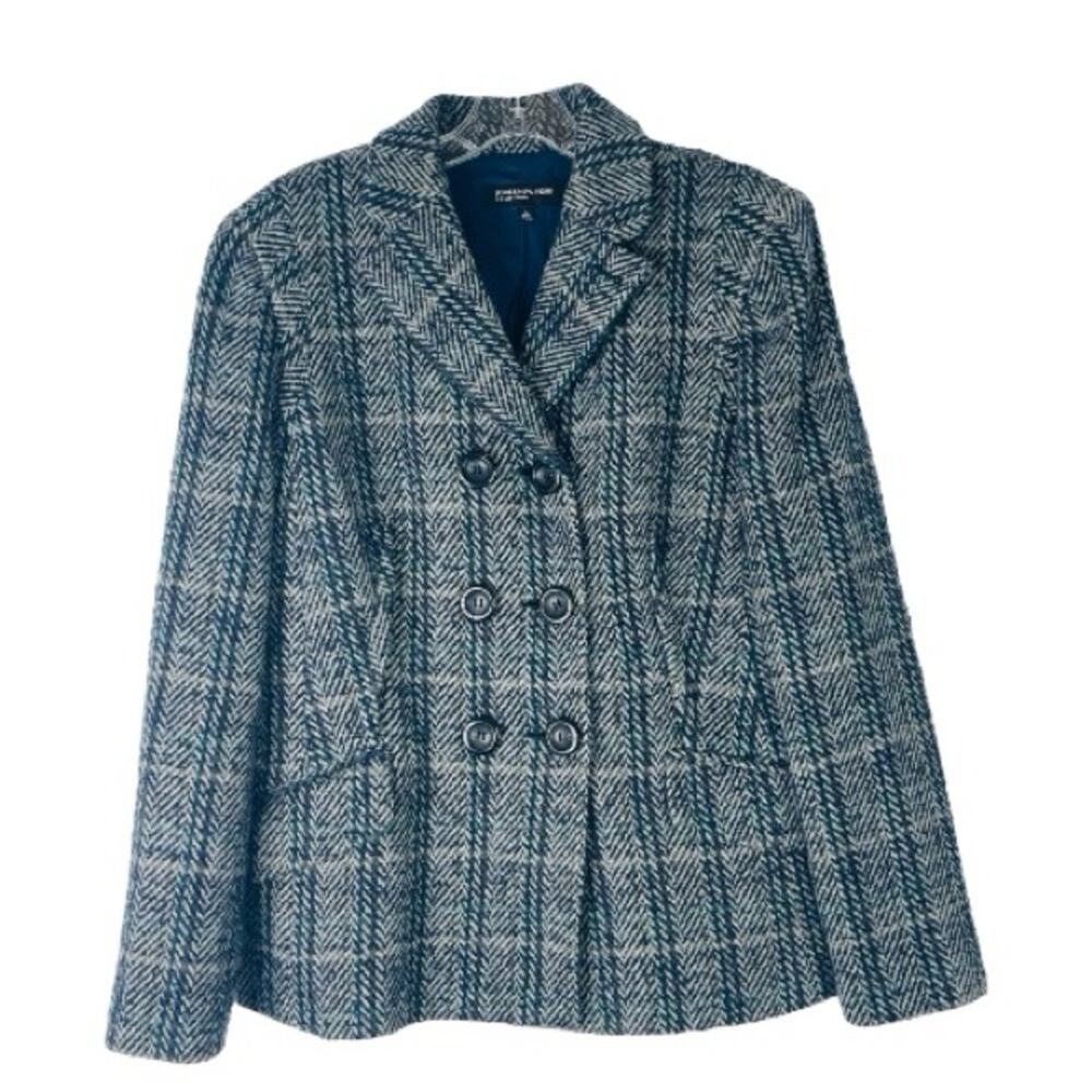 Jones NY blue grey black plaid wool button preppy office blazer coat large